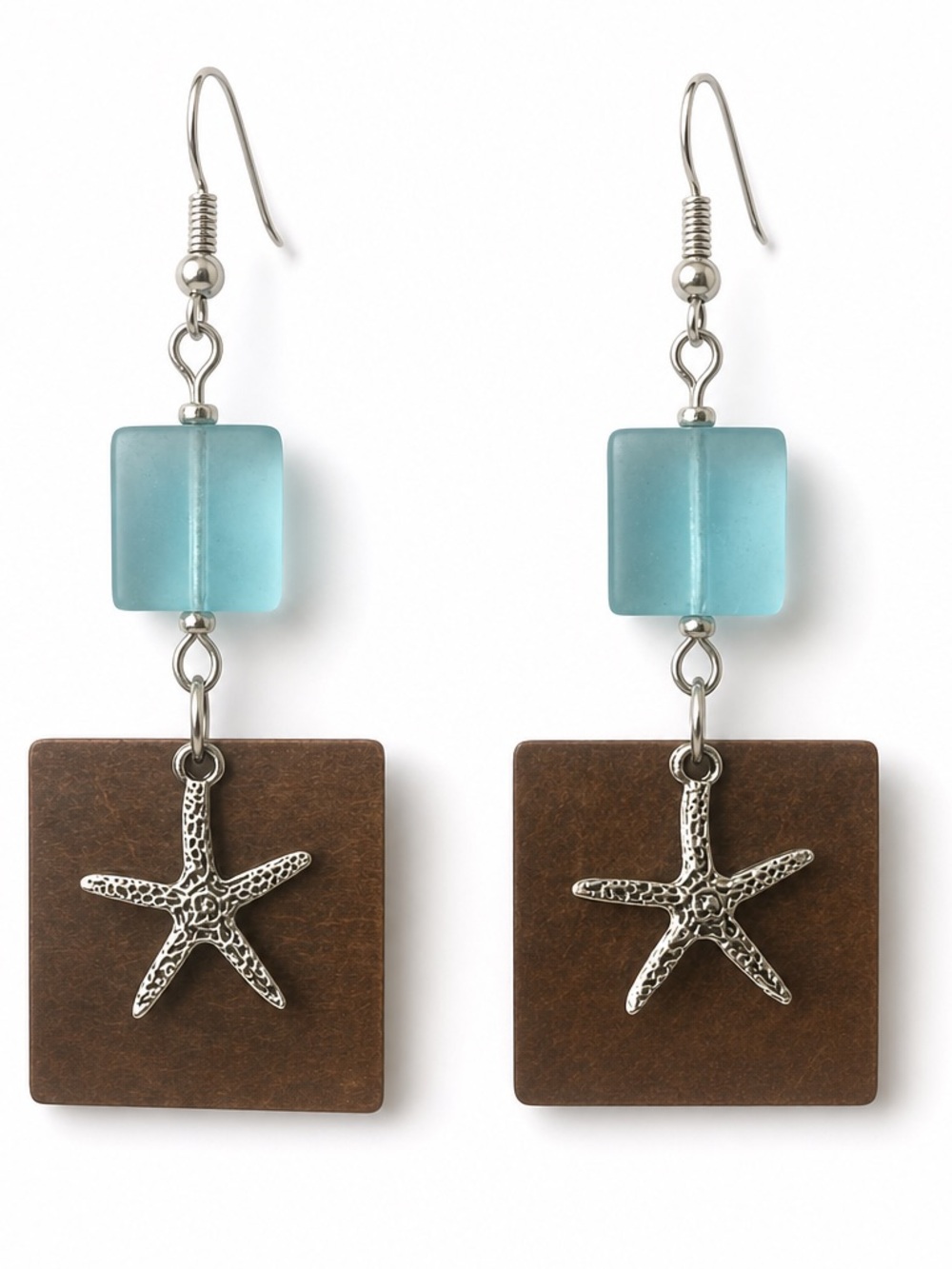 Sea Glass and Starfish with Bronze Square Backdrop Earrings